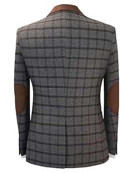 Mens Splicing Collar Checkerd Blazer Jacket Elbow Patches